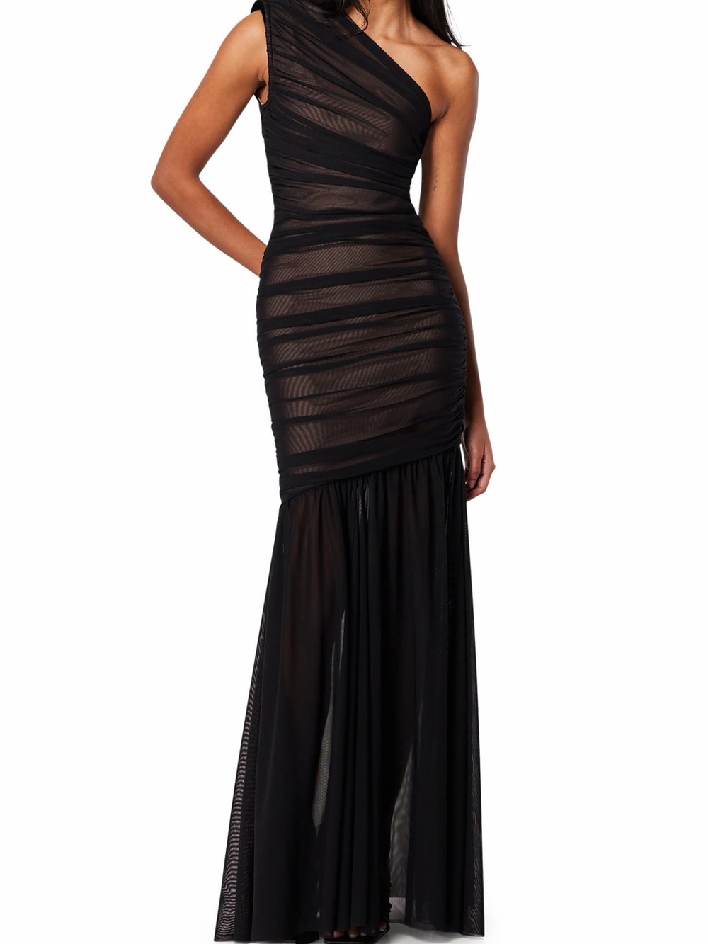Elliatt Black One-Shoulder Mesh Evening Gown